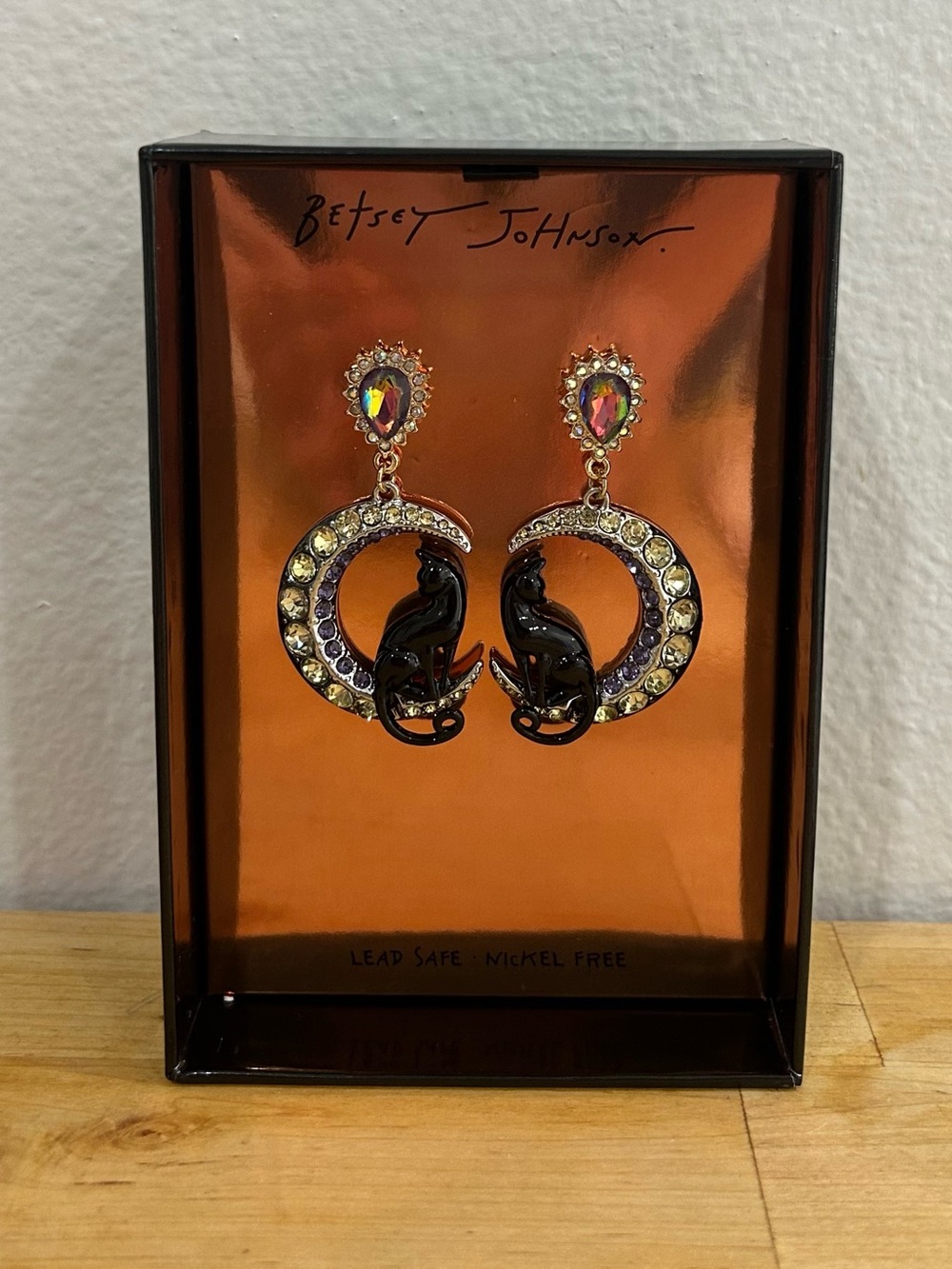 Betsey Johnson Black Cat Moon Crystal Halloween Dangle Earrings